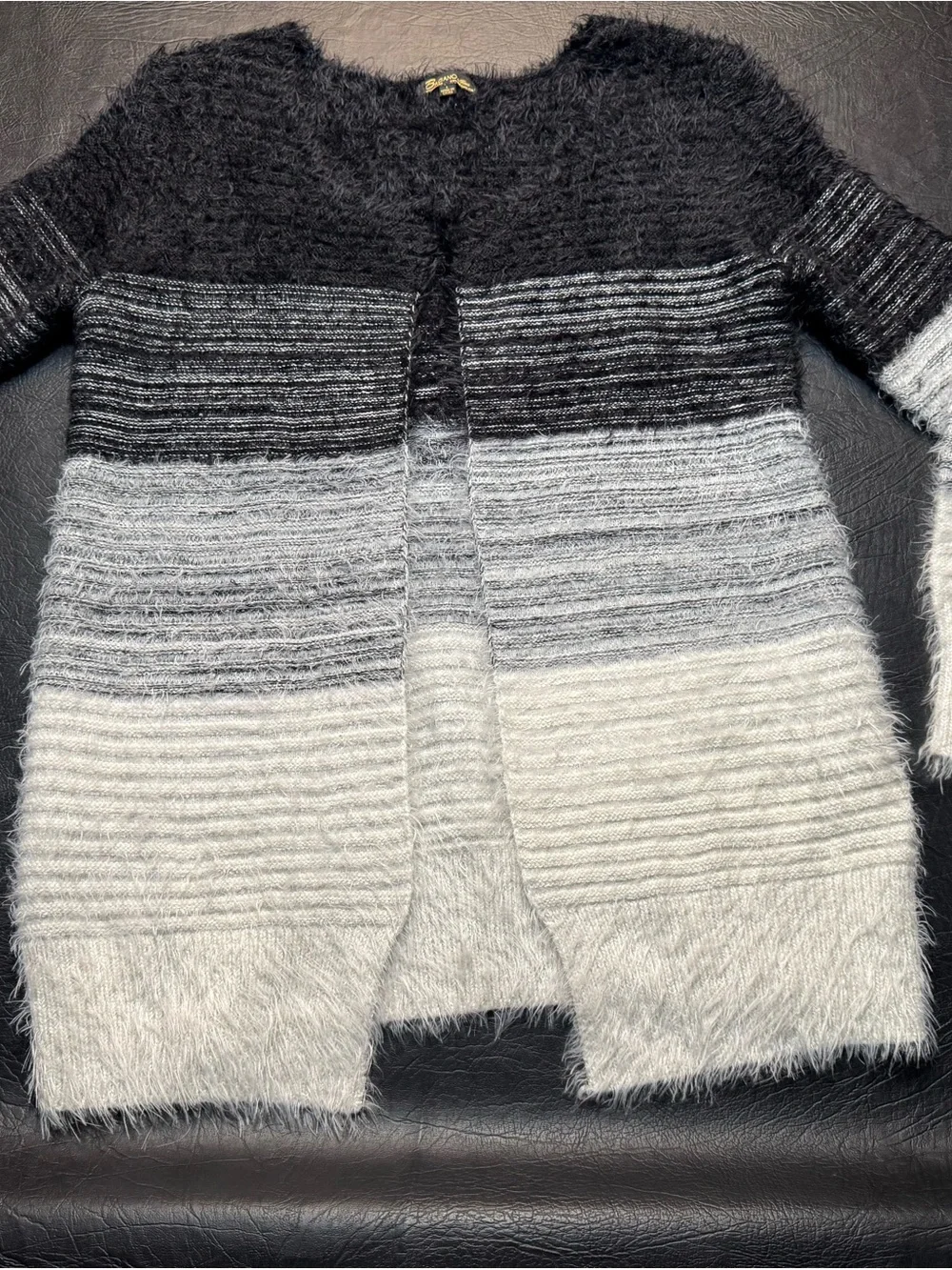 Baciano L Eyelash Knit Duster Cardigan Sweater Ombre Black Gray White Fuzzy Cozy